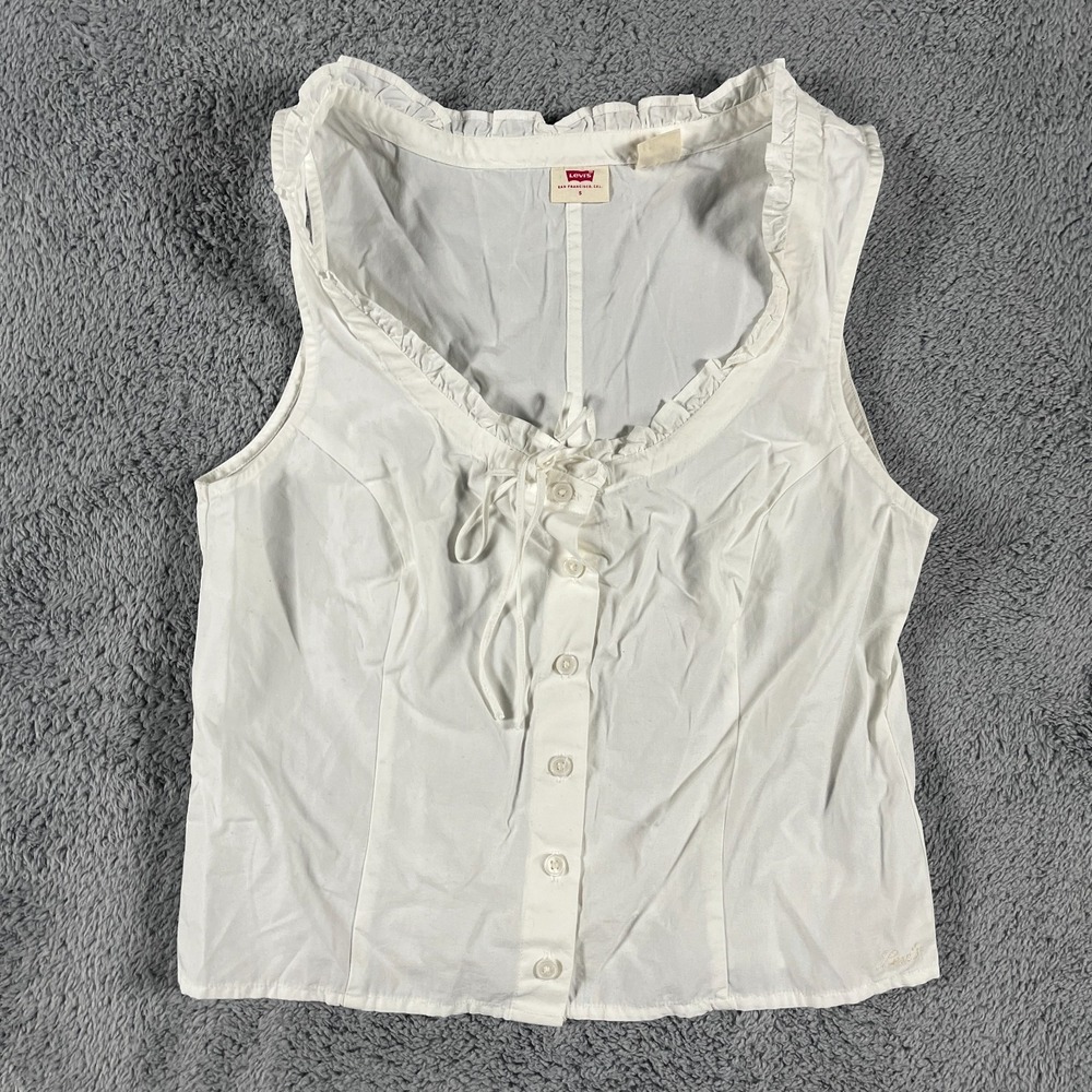 Levi's Tank Top Womens S White Ruffled Scoop Neck Minimalist Chic Button Front
